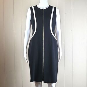 Calvin Klein Black and White Sleeveless Zip Front Knee Length Sheath Dre…